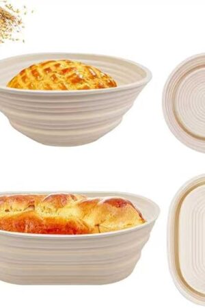 2Pcs Silicone Banneton Bread Proofing Baskets, 10" Oval & 9" Round Foldable Non-Stick Dough Proofing Bowl Containers-BPA Free, Optimum Sourdough Bread Baking Supplies(Beige)