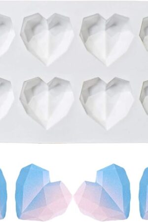 8 Grid Diamond Heart Silicone Cake Chocolate Mold Silicone Baking Pan Mold for DIY Cake Mousse Dessert 3D Diamond Love Heart Shaped Mould for Candy Fondant Ice Cream Soap Cupcake Cheesecake Jelly