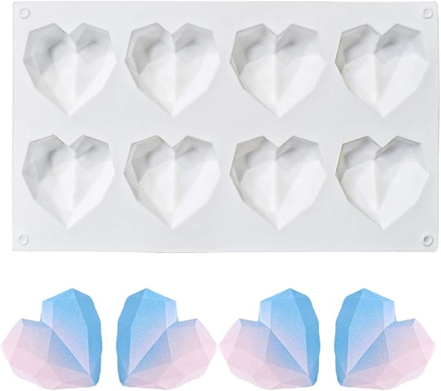 8 Grid Diamond Heart Silicone Cake Chocolate Mold Silicone Baking Pan Mold for DIY Cake Mousse Dessert 3D Diamond Love Heart Shaped Mould for Candy Fondant Ice Cream Soap Cupcake Cheesecake Jelly