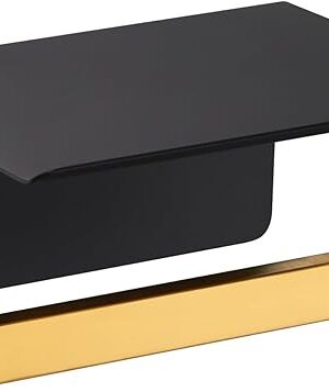 Angle Simple Toilet Paper Holder with Shelf, 304 Stainless Steel Bathroom Tissue Roll Holder for Wall Black and Gold