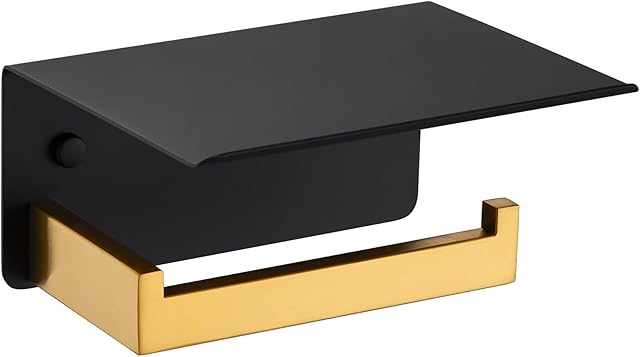 Angle Simple Toilet Paper Holder with Shelf, 304 Stainless Steel Bathroom Tissue Roll Holder for Wall Black and Gold