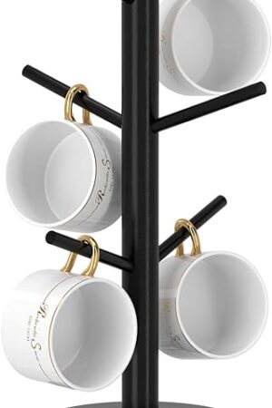 Wisuce Black Coffee Mug Tree, Updated Thick Bamboo Mug Holder Base,Coffee Cup Stand Mug Holders with 6 Hooks for Countertop Cup Rack Organizer Stand (Black)