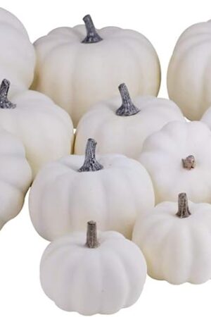 BESTTOYHOME 12 PCS Assorted Sizes Rustic Harvest White Artificial Pumpkins for Halloween, Fall Thanksgiving Decorating Harvest Embellishing and Displaying