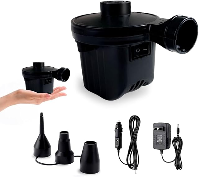 Electric Air Pump,Portable Quick-Fill Air Pump, Air Mattress Pump with 3 Nozzles for Inflatable Boat, Air Mattress Beds,Swimming Ring.Compatible with Home and car Adapter by Inscool (110V AC/12V DC)