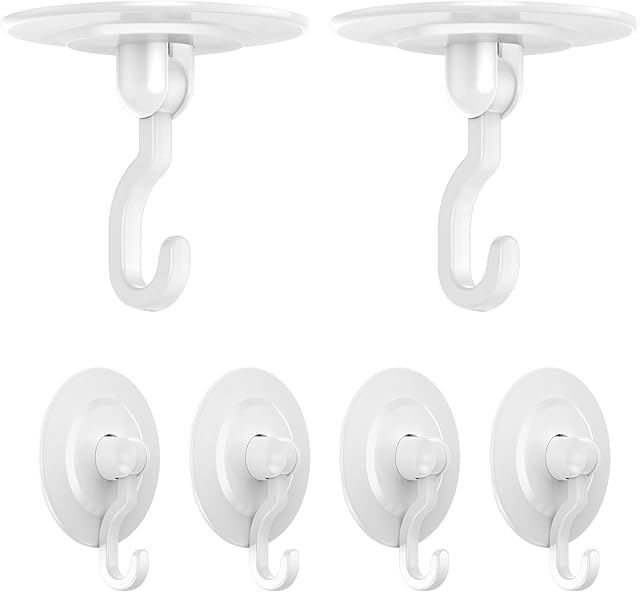 Adhesive Hanging Hooks Wall Ceiling Hook:Heavy Duty No Drill 3Ibs Self Stick for Plants Door Lights Towel Shower Bathroom Key Small Bag Pictures Decorative Hanger Clothes Hat Damage Free White 6PC