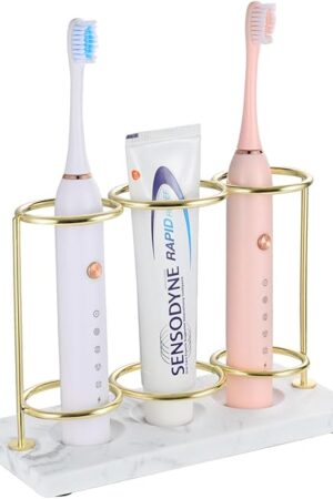 Electric Toothbrush Holder, 3 Slots 2-Layer Resin Electric Toothbrush Holder Bathroom Toothpaste Razor Storage Non-slip Organizer for Bathroom Toothbrush Toothpaste Cleanser, Gold Marble White