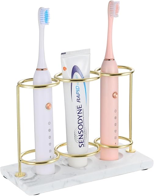 Electric Toothbrush Holder, 3 Slots 2-Layer Resin Electric Toothbrush Holder Bathroom Toothpaste Razor Storage Non-slip Organizer for Bathroom Toothbrush Toothpaste Cleanser, Gold Marble White