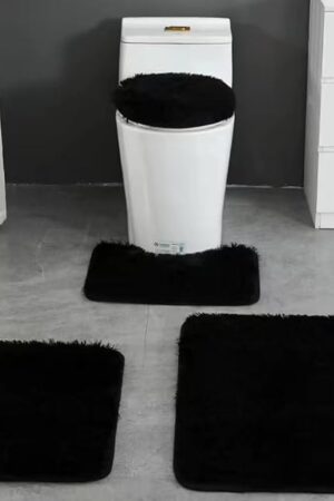 4 Piece Non Slip, Toilet Lid Cover and Contour Mat, Bath Mats Shower Mats Bath Rug Mat for Tub Toilet Bathroom (Black)