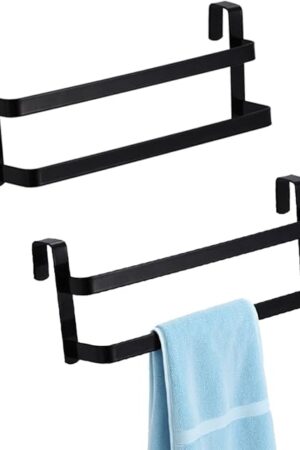 Double Layer Over Cabinet Towel Bar Holder, 2-Pack Stainless Steel Towel Bar for Hanging 2 Towels, Over The Door Towel Rack for Kitchen and Bathroom, Space-Saving Towel Hanger (Black)