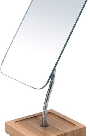 YEAKE Flexible Gooseneck Bamboo Vanity Makeup Mirror,360°Rotation 8" Large Frameless, Folding Portable Table Desk Mirror with Stand for Bathroom Shaving Make Up, Rectangle