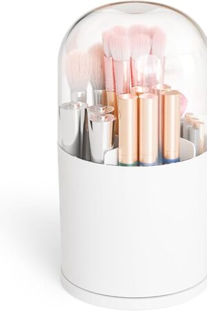 Yieach Rotating Acrylic Makeup Brush Holder with Lid for Vanity,Bathroom,Countertop,Covered Makeup Brushes Organizer,Round Spinning Cosmetic Brushes Holder and Make up Brush Storage with Cover,White