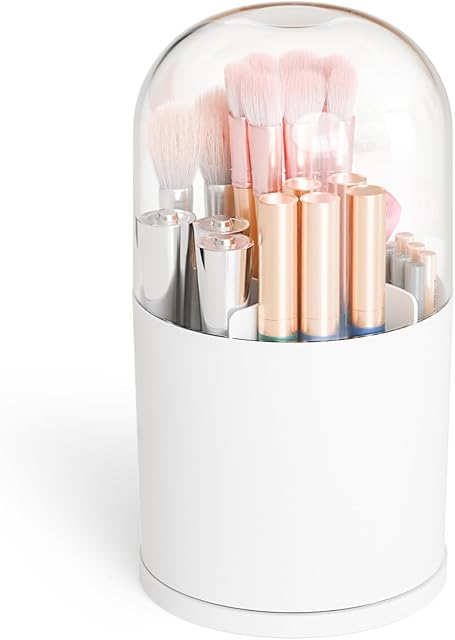 Yieach Rotating Acrylic Makeup Brush Holder with Lid for Vanity,Bathroom,Countertop,Covered Makeup Brushes Organizer,Round Spinning Cosmetic Brushes Holder and Make up Brush Storage with Cover,White