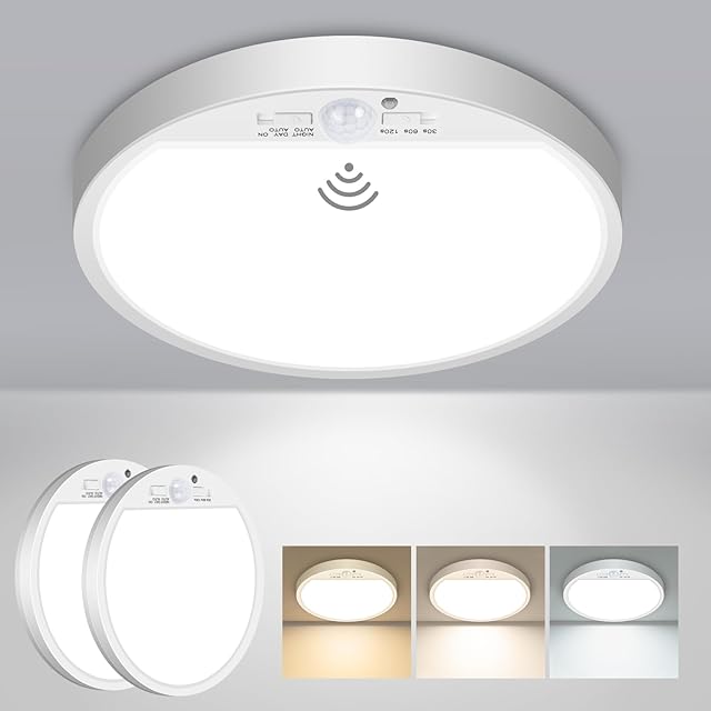 Slochi 2Pack Motion Sensor Ceiling Light Wired, 3000K/4000K/6500K Motion Sensor Light Indoor, 15W 1500LM 7 In Closet Lights Motion Sensored with Timer, Flush Mount Light for Hallway Wall Pantry, White