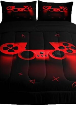 Boys Gamer Comforter Set Twin Size,Gamepad Bedding Set Kids Young Man Video Games Down Comforter for Teen Child Game Room Decor Black Red Classic Retro Gaming Quilted Duvet Set with Pillowcase