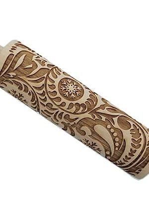 14.9"Paisley Engraved Embossed Rolling Pin, Christmas Snowflake Flower Pattern, Wooden Laser Engraved 3D Rolling Pin for Making Cookie Dough Crusts Pies Pastry