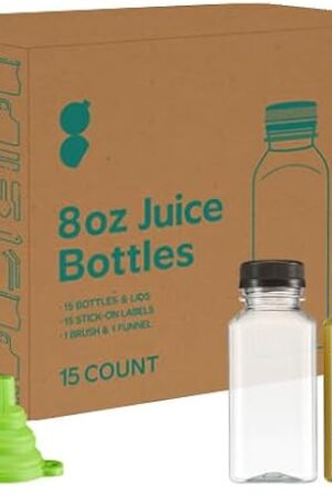 Comfy Package [8 oz. - 15 Count Reusable Plastic Juice Bottles With Caps, Labels, Brush, and Silicone Funnel - Clear plastic Bottles with Caps, Juice Containers with lids, for All Beverages