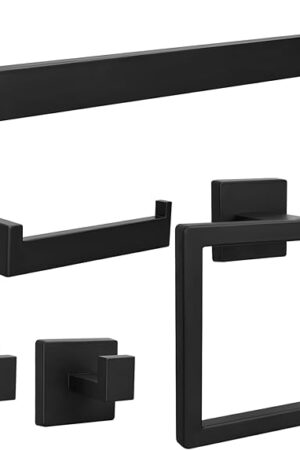 5pcs Bathroom Hardware Set, 16in Towel Bar Set, Including Square Towel Bar Square Towel Ring Toilet Paper Holder Towel Hooks, Set SUS304 Stainless Steel, Wall Mounted (5pcs, 16in, Black)