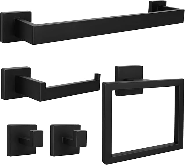 5pcs Bathroom Hardware Set, 16in Towel Bar Set, Including Square Towel Bar Square Towel Ring Toilet Paper Holder Towel Hooks, Set SUS304 Stainless Steel, Wall Mounted (5pcs, 16in, Black)