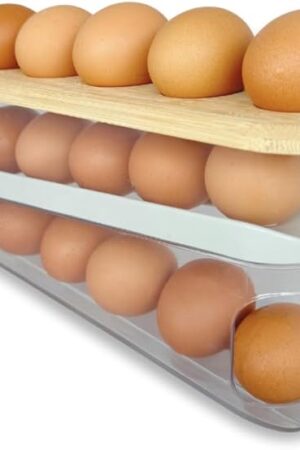 18 Egg Dispenser for Refrigerator โ Durable Organizer with Wooden Lid, Space-Saving Egg Storage Bin for Freshness, Kitchen Organization, Easy Access & Stylish Design