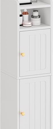 BEWISHOME Small Bathroom Cabinet ，Bathroom Storage Cabinet with Adjustable Shelves & 2 Doors，Narrow Toilet Paper Cabinets,7.9 x 7.9 x 31.5 Inches, for Small Spaces, White YYG03W