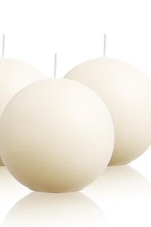 Ball Pillar Candles Set of 3 Ivory 3Inch Unscented Handpoured Weddings, Home Decoration, 75 Hour