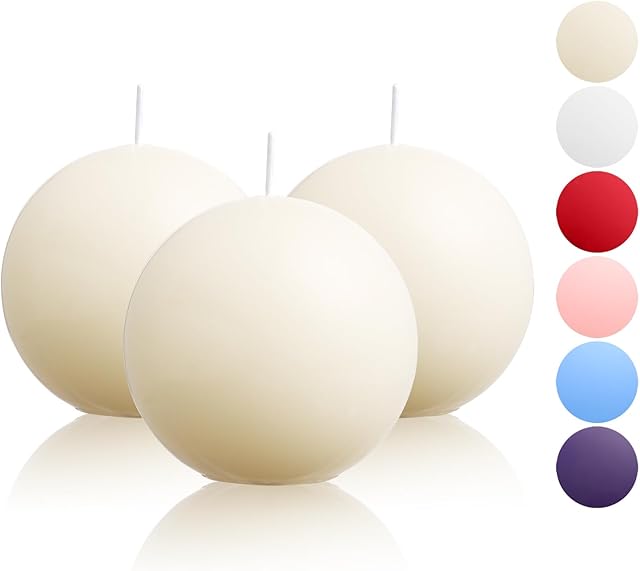 Ball Pillar Candles Set of 3 Ivory 3Inch Unscented Handpoured Weddings, Home Decoration, 75 Hour