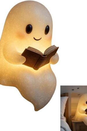 Cute Ghost Reading Book Lamp, New Halloween Light Up Ghost Statue Night Light with Smile, Halloween Home Office Decor, Funny Indoor Ghosts Figurine Decor for Bedroom Living Room (1PCS)