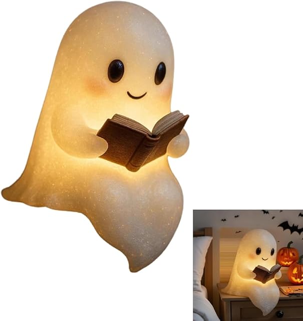 Cute Ghost Reading Book Lamp, New Halloween Light Up Ghost Statue Night Light with Smile, Halloween Home Office Decor, Funny Indoor Ghosts Figurine Decor for Bedroom Living Room (1PCS)