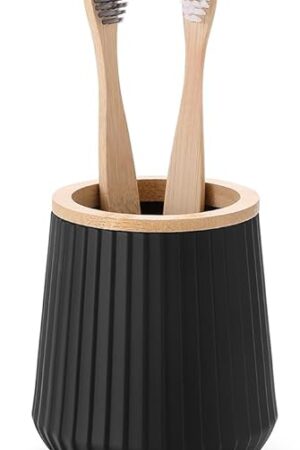 Bamboo Decor Matte Black Toothbrush Holder for Electric Toothbrushes Bathroom Organizer for Toothpaste Kids & Adults