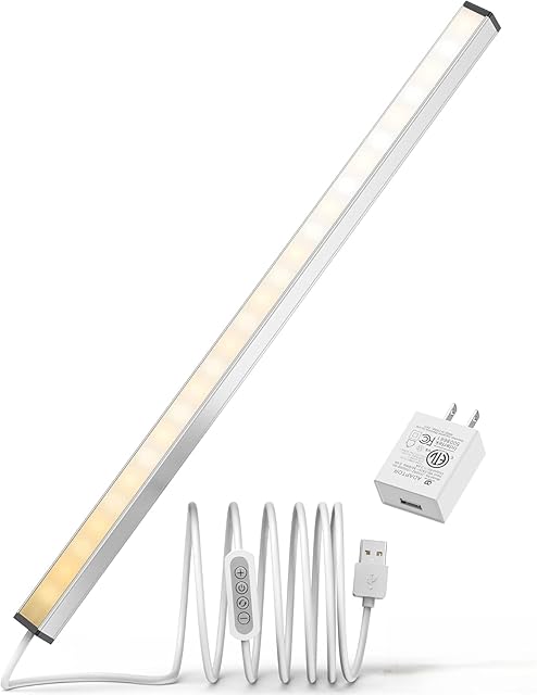 ASOKO LED Under Cabinet Lighting USB Plug-in, Dimmable, 3 Color Changing( 2700K, 4000K,6000K), 14.5 in, Under Counter Lights for Kitchen, Shelf, Cupboard, Under Desk, Monitor Light Bar