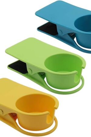 3Pcs Drinking Cup Holder Clip, Desk Drink Holder Clip Adirondack Chair Cup Holder with Clip Cup Clip Holder for Water Drink Beverage Soda Coffee Mug(Blue, Green and Yellow)