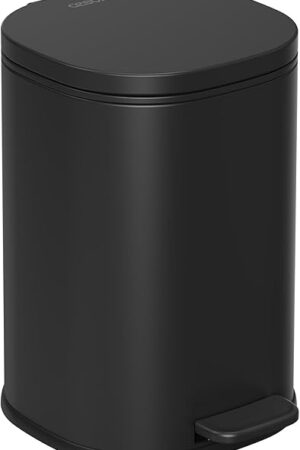 Cesun Black Bathroom Trash Can with Lid, 1.3 Gallon Small Garbage Can with Foot Pedal, Metal Round Wastebasket for Bathroom, Bedroom, Office, Matte Black
