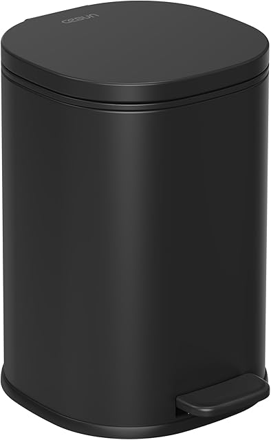 Cesun Black Bathroom Trash Can with Lid, 1.3 Gallon Small Garbage Can with Foot Pedal, Metal Round Wastebasket for Bathroom, Bedroom, Office, Matte Black
