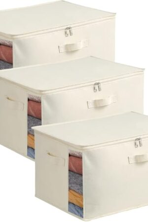 3-Pack Large Canvas Comforter Storage Bags for Clothes Sweater Clothes Organizer with Dual Zipper Three Carrying Handles for Blanket Closet Storage Container