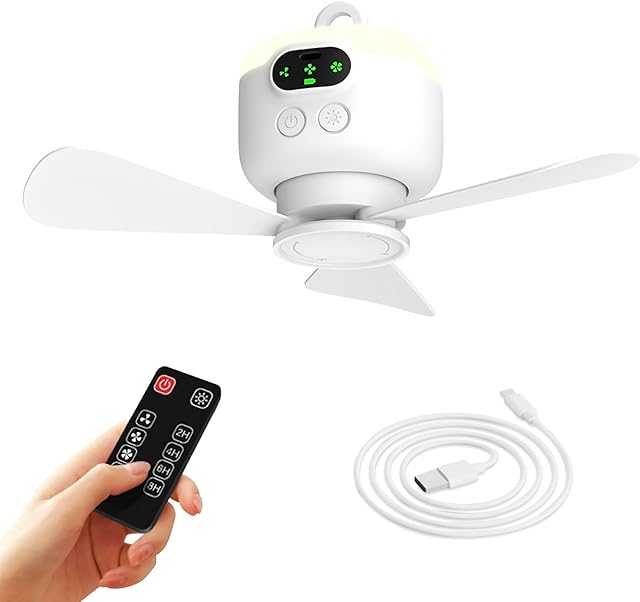 Portable Camping Fan, 10.6 Inch Tent Ceiling Fan,Rechargeable 8000mAh with Light & Hook,Timable & Auto Shut Off,Detachable Fan Blade, Used for Tent Canopy RV Porch Beach Bedroom