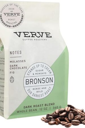 Verve Coffee Roasters Whole Bean Coffee Bronson Blend | French Dark Roast, Direct Trade, Resealable Pouch | Enjoy Hot or Cold Brew | Ideal for French Press | 12oz Bag