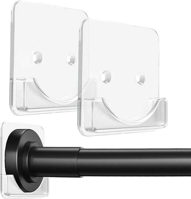 Clear Shower Curtain Rod Holder, Adhesive Shower Rod Holder for Wall, Large Heavy Duty Tension Rod Holder for Tile, No Drilling, 2 Pack