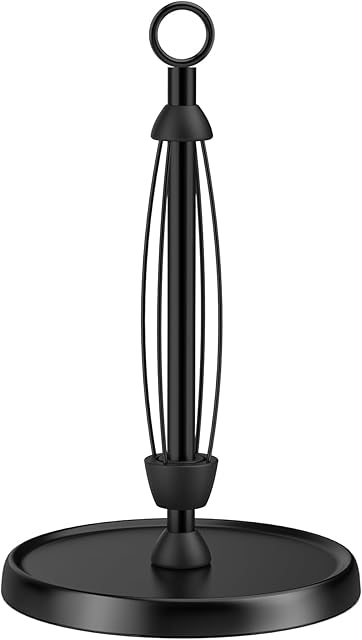 Black Paper Towel Holder Countertop, One-Handed Tear, Stainless Steel, Weighted Base, Ring Paper Towel Holder Stand with Ratchet System for Kitchen Farmhouse Essentials Decor Accessories
