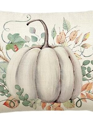 AVOIN colorlife Fall Pumpkin Eucalyptus Leaves Throw Pillow Cover 12x20 Inch, Seasonal Autumn Thanksgiving Harvest Decoration for Home Sofa Couch