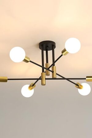 DELIPOP Sputnik Light Fixture 6-Light Black Gold Mid-Century Modern Ceiling Light Fixture