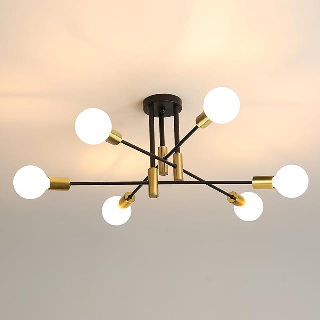 DELIPOP Sputnik Light Fixture 6-Light Black Gold Mid-Century Modern Ceiling Light Fixture