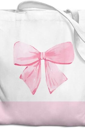 Coquette Pink Bow Preppy Canvas Tote Bag for Women Teens Teen Girls, Pink Bow Girls Tote Bag, Coquette Gifts