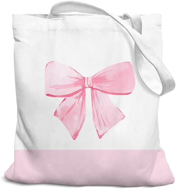 Coquette Pink Bow Preppy Canvas Tote Bag for Women Teens Teen Girls, Pink Bow Girls Tote Bag, Coquette Gifts