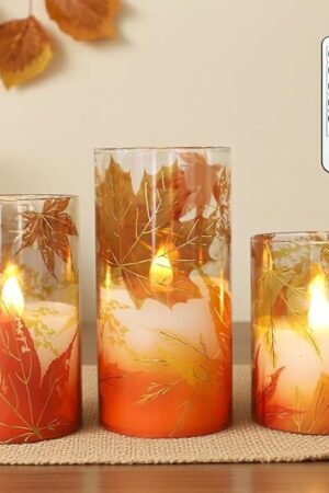 Crystal Club Fall Flameless Candles, Autumn Maple Leaves LED Flickering Candles with Remote and Timer, Battery Operated Glass Effect Pillar Candles for Fall Home Thanksgiving Home Décor