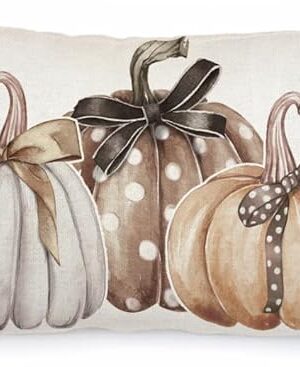 AACORS Fall Pillow Cover 12x20 Inch Pumpkins with Bowknot Decor Autumn Seasonal Thanksgiving Pillow Case Decorations for Home Sofa Couch AA570-12