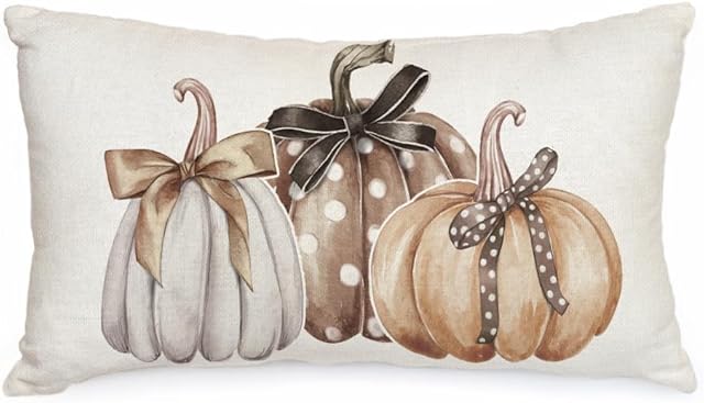 AACORS Fall Pillow Cover 12x20 Inch Pumpkins with Bowknot Decor Autumn Seasonal Thanksgiving Pillow Case Decorations for Home Sofa Couch AA570-12