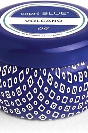 Capri Blue Volcano Scented Mini Tin Candle - Printed Mini Tin Jar Candle - Luxury Candles for Home Scented with Tropical Fruit & Sugared Citrus - Soy Candle Wax Blend - Blue Candle (3 oz)