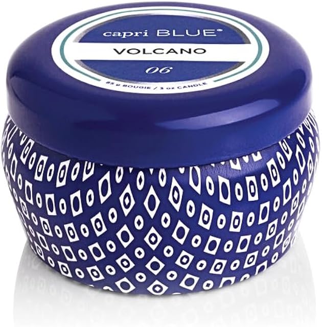 Capri Blue Volcano Scented Mini Tin Candle - Printed Mini Tin Jar Candle - Luxury Candles for Home Scented with Tropical Fruit & Sugared Citrus - Soy Candle Wax Blend - Blue Candle (3 oz)