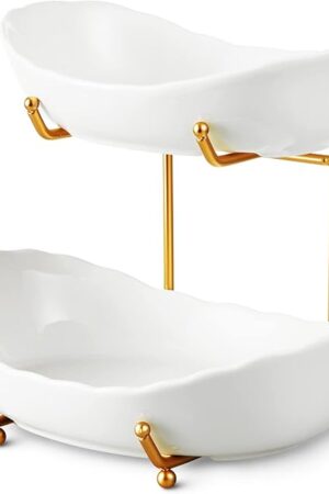 2 Tier Ceramic Fruit Bowl for Kitchen Counter, Tiered Fruit Basket for Countertop, Modern Multi Layer Fruit Display Stand for Party, Cute & Small (Gold&White)