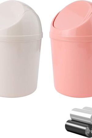 2 Pcs Plastic Mini Wastebasket Trash Can with Swing Lid with 120 Trash Bags, Tiny Desktop Waste Garbage Bin for Home, Office, Kitchen, Vanity Tabletop, Bedroom, Bathroom (Pink + Beige)